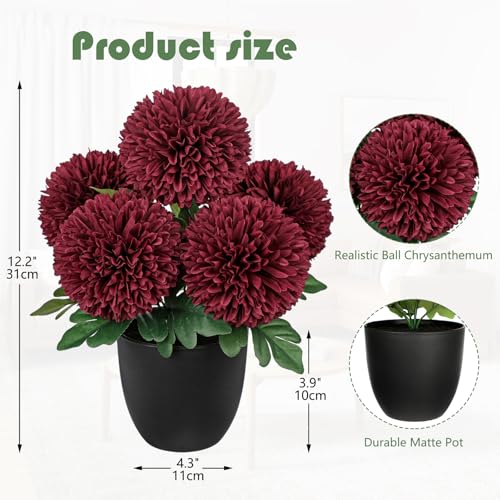 Image of Briful Burgundy Artificial Mums - Realistic Silk Fall Chrysanthemums in Black Pot, Faux Potted Flowers for Home, Table Centerpiece, Porch, Indoor & Outdoor Autumn Decor