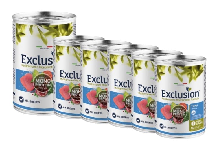 EXCLUSION Monoproteico All Breeds adult, alimento completo per cani adulti di tutte le taglie, monoproteico, n.6 scatolette da 400gr. l'una, GUSTI MISTI (Tonno)