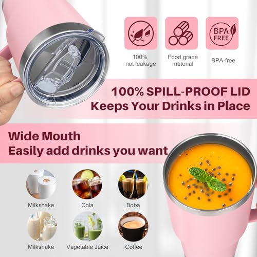 Image of 30 oz Tumbler with Handle, Stainless Steel Insulated Tumbler with Lid and Straw, Double Wall Vacuum Insulated Coffee Mug Tumbler, Insulated Coffee Thermal Cup for Cold and Hot (Pink)