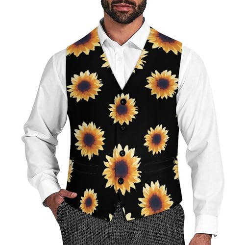 Watercolor Sunflower Formal Suit Vest for Men Waistcoat Printing Business Casual Dress for Tuxedo