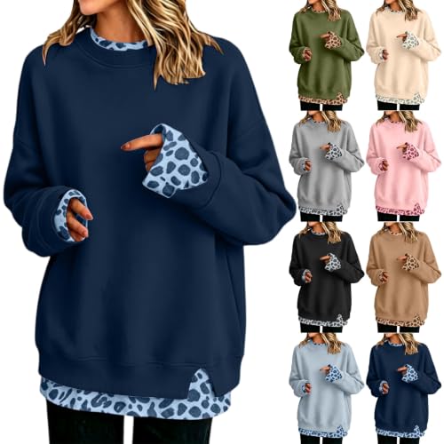 NEKSVTH Casual Shirts for Women Navy#4 L Oversized Y2K Faux Layered Crewneck Sweatshirt Pullover Fall Winter Casual Daliy Wear - image 1