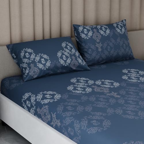 Image of BLISSHOME Everlast 150TC King Size Fitted Bedsheet with 2 Pillow Covers, Aesthetic Bedding, Wrinkle Resistant, 100+ Wash Durable, Quick Dry, Elegant Ornate Pattern - Blue (183cm x 198cm + 25cm Drop)