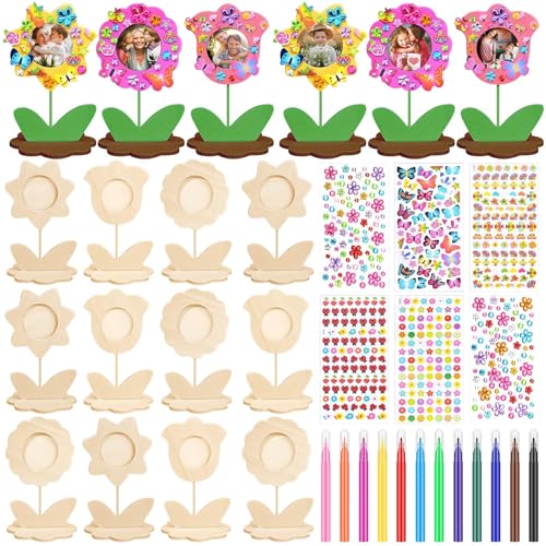 12 Stück DIY Bastelset Kinder Muttertag Fotorahmen mit Blumen Muttertag FotorahmenBastelei mit Aquarellstift&Edelsteinaufkleber Muttertagsgeschenk Holzbasteln fürAktivitäten im Klassenzimmer (Beige)