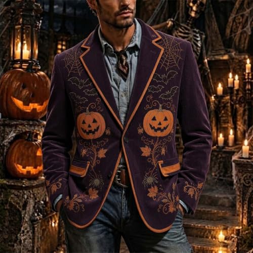 Men's Halloween Blazer Pumpkin Print Corduroy Lined Suit Jacket Costume - image 2