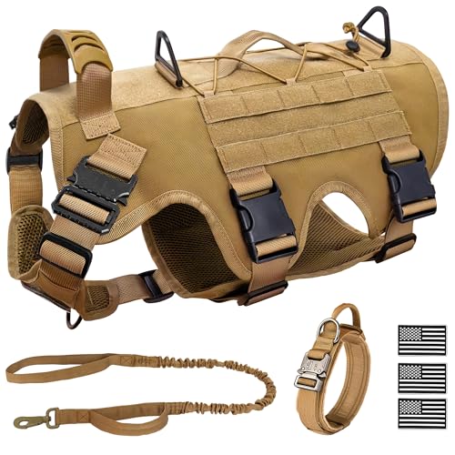 JOYFLARE Tactical Dog Harness for Large Dog Dog Collar and Bungee Leash Set No-Pull Military Dog Harness - Walking Training Gear for Large Dogs Adjustable for Medium Chest 21.5-45 Khaki