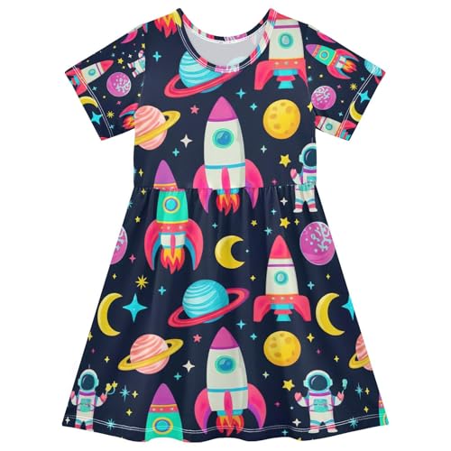 Colorful Rockets Toddler Girls Dress Short Sleeve Summer Playwear Sundress for Kids 2T-8T