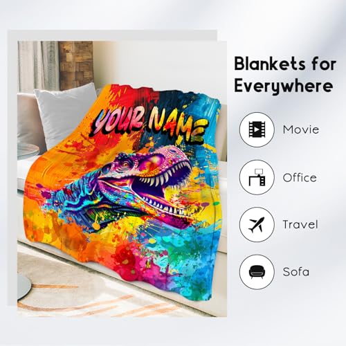 Boys Blanket - Personalized Dinosaur Blankets Gifts for Toddler Kids - Soft Flannel Throw for Room Decor - 4 Sizes
