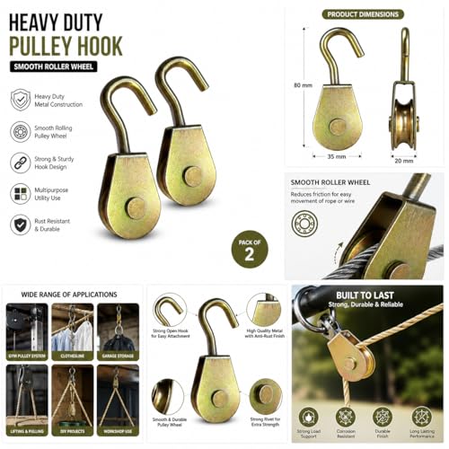 Image of Heavy Duty Metal Pulley Hook Wheel for Rope & Wire Cable | Single Wheel Hanging Pulley Block with Smooth Roller for Gym, Clothesline, Garage, Lifting, DIY & Utility Use (Pack of 2)