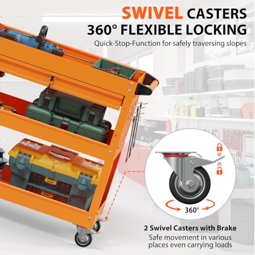 Image of 3 Tier Heavy Duty Rolling Tool Cart with Drawers, Large Storage Utility Cart on Wheels for Garage, Warehouse, Repair Shop (Orange)