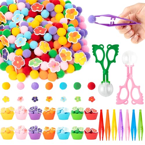 Image of EZdhuawuse Summer Sensory Bin Fillers - 304Pcs Hawaii Flower Fine Motor Toys Counting Sorting for Kids, Felt Colorful Hawaii Flower Pom Poms Cup Clip for Preschool Education Birthday Gift Party Favors