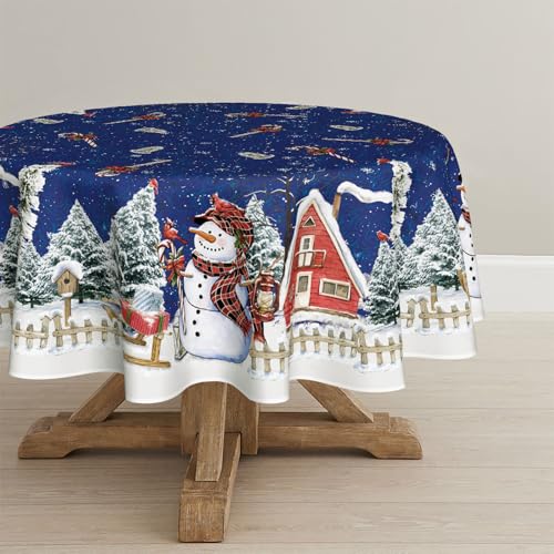 Horaldaily Christmas Tablecloth 90 x 90 Inch Round Winter Snowman House