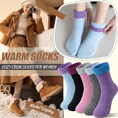 Image of EBMORE 5 Pairs Women Merino Wool Boot Socks Warm Thermal Winter Thick Hiking Cozy Cabin Crew Comfy Socks for Ladies