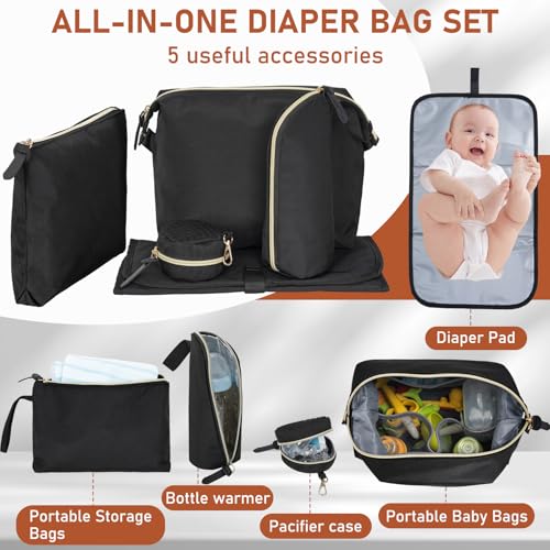 Image of 7pcs Diaper Tote, Large Mommy Bag, Baby Diaper Bag - Black