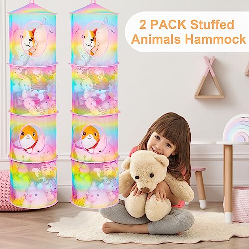 Stuffed Animals Hammock 2 Pcs Toy Storage Unicorn Castle Foldable Toy Organizers 4 Compartments Stuffed Animals Net Hanging Mesh For Kids Room Nursery #TOP1