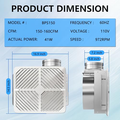 Ventilador de extracción para baño blanco, montaje en techo, 150-160 CFM, 1.2 sones, ducto de 6 pulgadas, ventilador de baño energéticamente eficiente miniatura 2