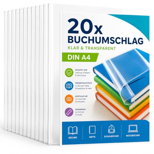 20x Buchumschlag klar & transparent Umschlag & Hefthülle Buchschoner - DIN A4 ideal für den Schutz von Büchern Heften Schulbüchern und Notizbüchern