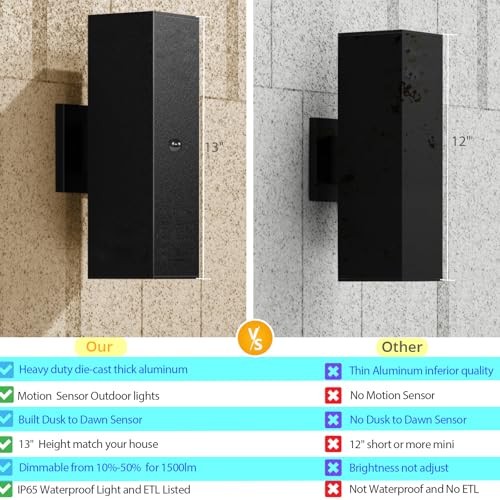 Image of rosykite Motion Sensor Outdoor Wall Lights, Dusk to Dawn Exterior Wall Mount Light Fixtures with 3 Modes, Waterproof Up Down Porch Lights for House, Garage, Patio, Entryway, Matte Black