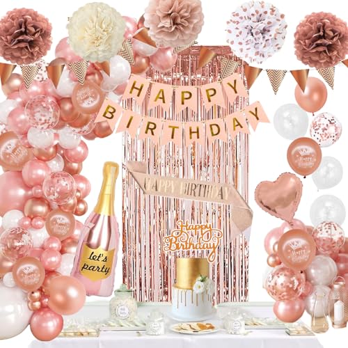 Decoration Anniversaire Rose Or Blanc Ballons Décorations Kit avec Banderole Joyeux Anniversaire Pom Poms Confetti Echarpe Rideau pour Fille Femme