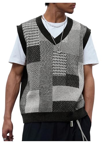 OYOANGLE Men's Vintage Plaid Print Sweater Vest Sleeveless V Neck