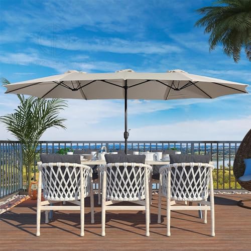 Image of 15ft Large Outdoor Umbrella Double-Sided Patio Umbrella with 65 Kgs Movable Stand, Crank Handle, 12 Ribs Rectangular Garden Umbrella for Patio Graden, Poolside, Terrace, Cafe and Hotels