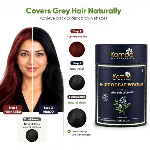 Image of Kamda Natural Indigo Powder for Hair & Beard Pack of 1 | 100% Pure Herbal Hair Color | Chemical-Free Grey Hair Coverage | No Ammonia, No PPD | Natural Black & Brown Shade with Henna | Men & Women | Conditions & Strengthens Hair