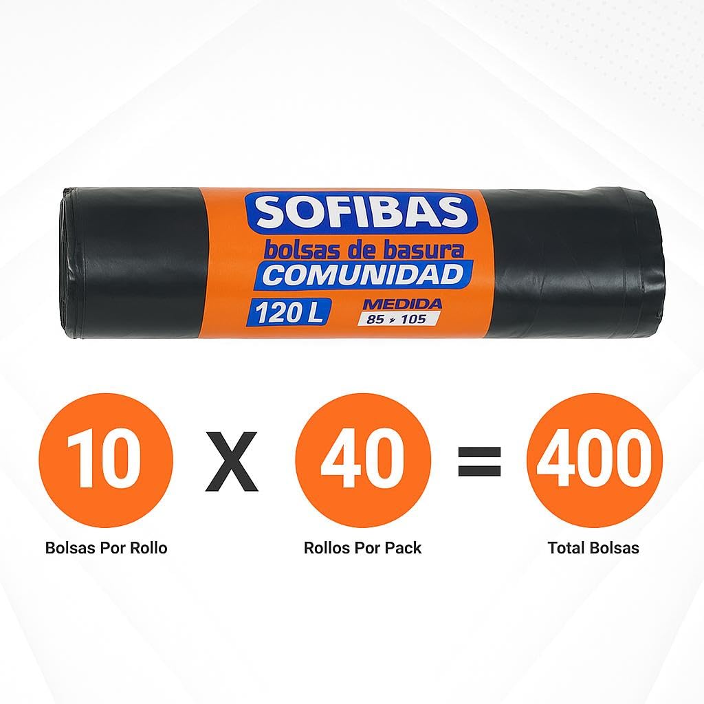 40 Rollos de Bolsas de Basura 120L (400 Unidades) | Muy Resistentes | Ideal para Uso Jardín, Hostelería, desperdicios | Bolsas de Plástico | Económicas