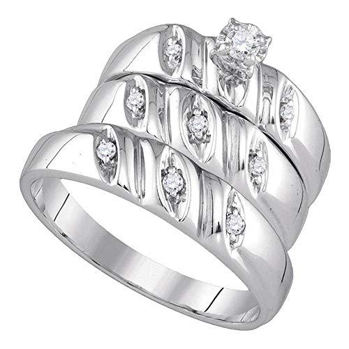 Solid 925 Sterling Silver His and Hers Round Diamond Solitaire Matching Couple Three Rings Bridal Engagement Ring Wedding Bands Set 1/5 Ct. - (L = 7.5, M = 12)