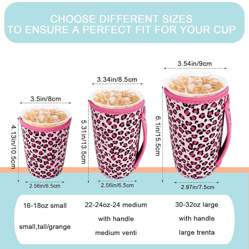 Image of KJQJLY 3 Pack Reusable Iced Coffee Sleeves for Iced Coffee Cups or Drinks Reusable Neoprene Insulated Sleeves for Hot and Cold Drinks from Starbucks, Dunkin, And More (pink leopard print)