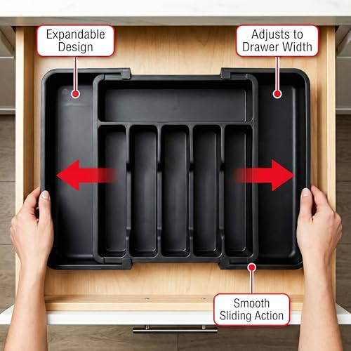 Image of Drawer Organizer Tray /Kitchen Expandable Utensil Tray /Adjustable Utensil Organizer /Cutlery Silverware Flatware Holder /Divider for Spoons Forks Knives Tableware (Black, 1 Pcs)