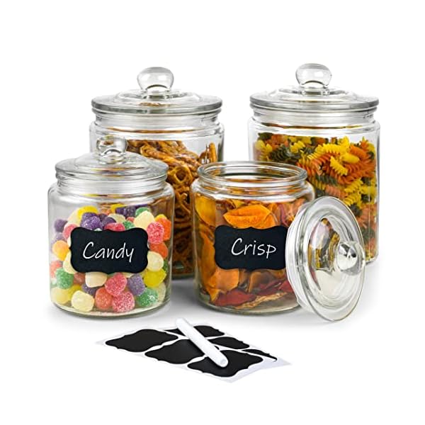 Glass Cookie Jar -2x 1/2 Gallon (64oz) & 1/4Gallon (32oz) - Glass Apothecary Jars With Lids - Canister Sets For Kitchen Counter - Glass Candy Jars - Glass Canisters Set Of 4 - Sugar Containers For Countertop (Glass Jars with labels)