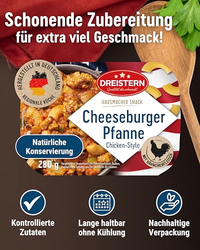 DREISTERN Cheeseburger Pfanne 280g I Mit Rindfleisch & Nudeln I Herzhaftes Fertiggericht in Mikrowellenschale I Lange Haltbarkeit dank natürlicher Konservierung I Hausmacher Qualität – Bild 3