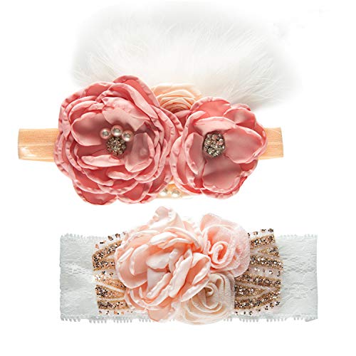 Yunko 2pcs Baby Girl Elastic Headbands Princess Hairband Party Feather Headbands Pink