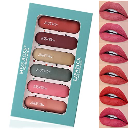 MISS ROSE M 6 Colors Matte Waterproof Lipstick Set, Labiales Matte Larga Duracion 24 Non-Stick Cup Matte Carved Lipstick ,Best Gifts for Girl or Womenï¼ˆ6pcsï¼‰