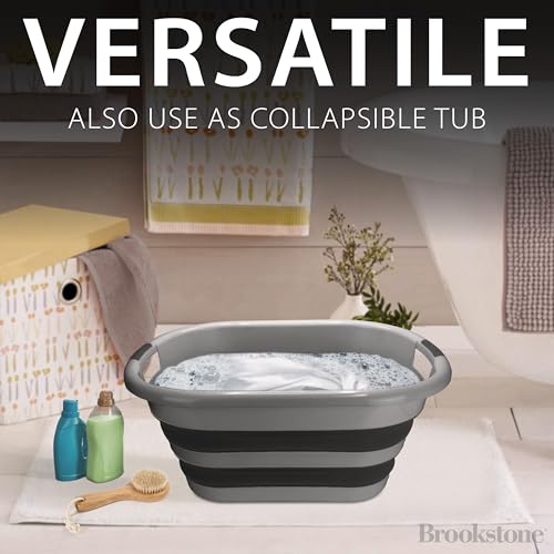 Image of BROOKSTONE Collapsible Laundry Basket Set, Modern Medium Collapsible Basket Set, Comfort Non-Slip Grip Handles, Minimalist Space Saving Design, Portable Pop-Up Hamper, BPA FREE, Dark Grey, 2 PACK