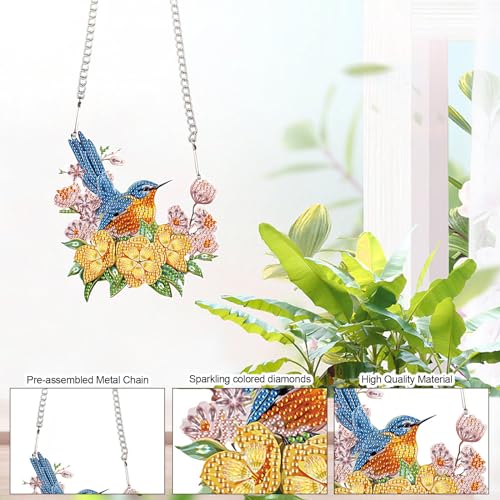 Image of DIY 5D Bird Flower Diamond Art Painting Kits Hanging Sign Wall Art Sign Special Shaped Diamond Art Window Hanging Ornament Pendants Home Garden Wall Door Hanging Diamond Art Kits Valentine's Day Gift