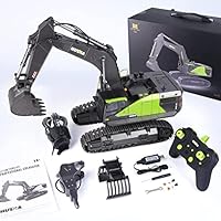 Ferngesteuerter Bagger Ferngesteuert, 1:14 RC Bagger Metall Ferngesteuert mit Voller Funktion, 22 Kanal Raupenbagger mit Fernsteuerung, Metallschaufel und Ladegerät+2. Akku+3 Aufsätze Huina 1593
