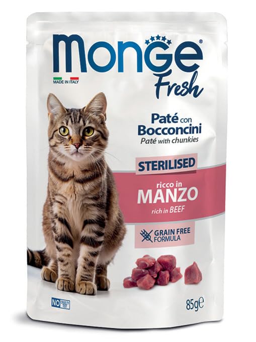 Monge - Comida húmeda completa para gatos adultos esterilizados, 24 bolsitas de 85 gramos cada una