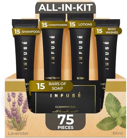 Infuse Black Soaps & Toiletries Bulk Set | 1-Shoppe Amenities Kit for Hotels & Vacation Rentals | 1 oz Shampoo, Conditioner, Body Wash, Lotion, 1.25 oz Cleansing Bar | 75 Pieces