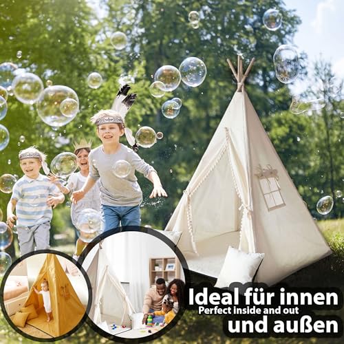 PaLulli® Tipi Zelt für Kinder aus 100% Baumwolle mit Kuschelmatte, Anti-Kollaps-System [Stabil], Camping-Hängelampe & 2 Dekokissen, Tippi Kinderzelt Teepee Spielzelt (BEIGE)