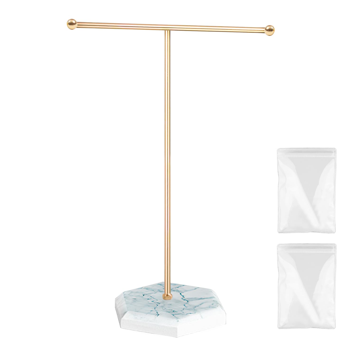 arrderly Jewellery Organiser Stand, T-Bar Necklace, Earrings Display Holder with Marble Pattern Tray, for Necklaces Bracelets