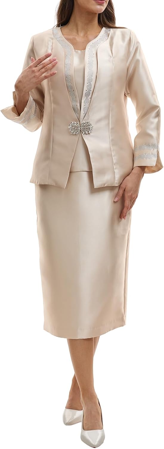 Women's Elegant Formal 3 Piece Church Suit with Rhinestone Trim Collar for Mother of the Bride Wedding Guest Dress