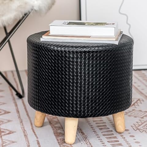 xuperbonus Round Faux Leather Ottoman, Foot Rest with Sherpa Removable Cover,Circle Ottoman with Non-Slip Pads,Living Room,Makeup Chair for Vanity, Bedroom… Cover