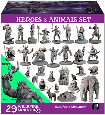 Wildspire Heroes, Animals & Troll for DND Miniatures 28mm Bulk Dungeons and Dragons Miniatures D&D Miniatures DND Minis Fantasy Miniatures D&D Figures Starter Set DND Accessories Pathfinder Miniatures