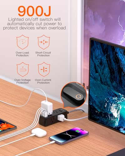 Black Power Strip Surge Protector, 5Ft Extension Cord, 6 Outlets with 3 USB Ports(1 USB C Outlet), 3-Side Outlet Extender, Wall Mount, Compact for Travel, Home, School, College Dorm Room, and Office - Thumbnail 5