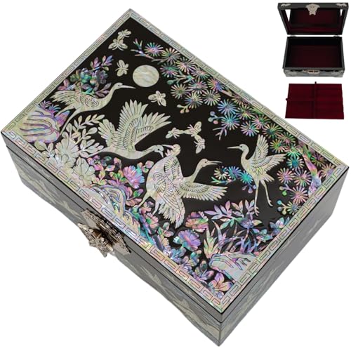 February Mountain Mother of Pearl Jewelry Box – Traditional Korean Design with Cranes and Pine...
