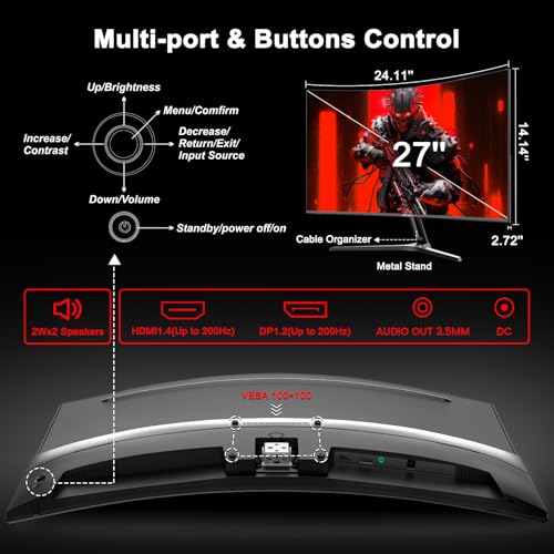 undefined SANSUI 27 Inch Curved Gaming Monitor 200Hz 180Hz 1ms with Speakers FHD 1080P Computer Monitor FreeSync|1500R|130% sRGB|HDR|Low Blue Light|HDMI DP Ports|VESA Mount|Metal Stand(HDMI Cable Incl.) の商品画像 8