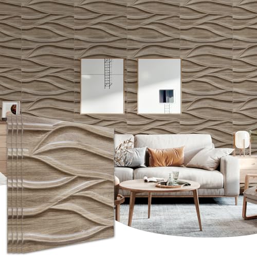 STICKGOO 3D Wall Panels for Interior Wall Decor, Walnut 3D Textured Wall Panels Wave Wall Tiles Design, Accent Wall Panels for Living Room Office Wall Decor, 12 Pack 19.7''x19.7'' Cover 32.S