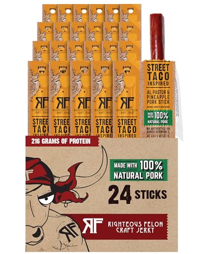 Righteous Felon Street Taco Pork Sticks, High Protein Snack, 24 Count