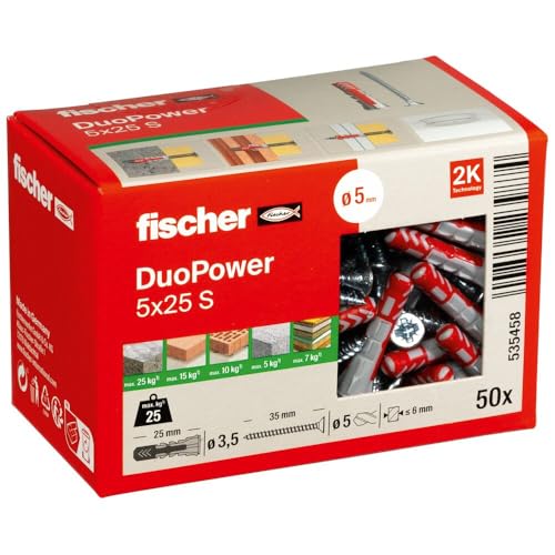 Fischer 535458 DUOPOWER 5x25 S LD - Tacos de 2 componentes (25 mm, 5 mm, 50 unidades)