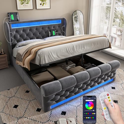 Zepneiy Lit 160x200 avec Sommier LED et USB C, Lit Coffre 160x200 avec Rangement et Tete, Double avec à Lattes 2 Personnes, Rembourré Cadre de(sans Matelas)